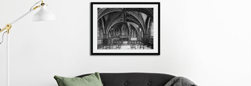 Black and white framed photo of St Mary's Undercroft in Living Rooms